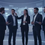 AI omformar företagsekonomin Imponerade kollegor betraktar en visualisering av hur AI omformar företagsekonomi.